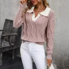 Elegant Womens Color Block Knit Sweater Long Sleeve Lapel Collar Autumn Winter Style Wholesale Available