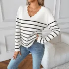 Womens Long Sleeve V Neck Sweater Striped Pattern Casual Style Available in White Wholesale Supply factory direct