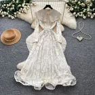 French Court Style Lace Long Sleeve Dress High Waist Tie Waist A Line Silhouette Elegant for Autumn Wholesale