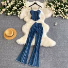 Womens Denim Two Piece Set High Waist Slim Fit Pants and Cami Top Casual Fashion for Summer