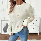 Womens Loose Fit White Sweater with Floral Embroidery Round Neck Long Sleeve for Spring and Autumn Wholesale