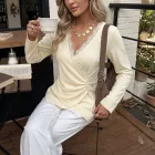 Beige Lace Long Sleeve V Neck Top for Women Casual Fit in Multiple Sizes private label