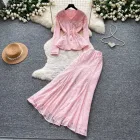 V Neck Lace Two Piece Set for Women Embroidered Beaded Design Elegant Autumn Office Wear