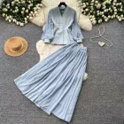 French Style V Neck Embroidered Jacket with High Waisted Pleated Skirt Elegant Lightweight Two Piece Set for Fall