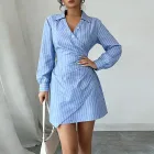 V Neck Striped Pleated Bodycon Dress for Women Elegant Summer Style Available in Blue Wholesale Sizes S to 3XL
