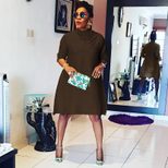 Plus Size A Line Dress for Women Solid Color High Waist Regular Sleeve Urban Style