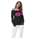 Off Shoulder Long Sleeve Sweatshirt Loose Fit Lip Print Casual Style Womens Top for Everyday Wea