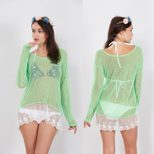 Lace Trim Sheer Top Sexy V Neck Long Sleeve Hollow Out Design Fashionable Layering Piece for Wom