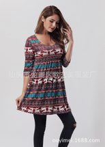 Christmas Reindeer Print Dress 3 4 Sleeve A Line Silhouette Comfortable Fabric Casual Holiday We