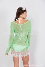 Lace Trim Sheer Top Sexy V Neck Long Sleeve Hollow Out Design Fashionable Layering Piece for Wom