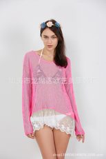 Lace Trim Sheer Top Sexy V Neck Long Sleeve Hollow Out Design Fashionable Layering Piece for Wom