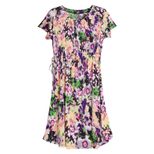 Womens Floral Print Short Sleeve Knitted Silk Dress Loose Fit Adjustable Drawstring Long Length