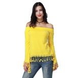 Womens Plus Size Long Sleeve Off Shoulder T Shirt Trendy Fringed Design Spring Summer Casual Wea
