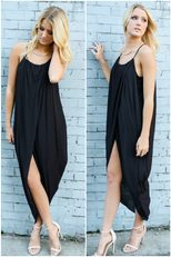 Fashionable Irregular Hem Maxi Dress Sexy Spaghetti Straps Loose Fit Solid Color Perfect for Sum