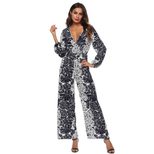 Chiffon Printed Long Sleeve Wide Leg Jumpsuit Deep V Neck Tie Waist Elegant Design Perfect for S