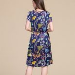 Womens Floral Print Short Sleeve Knitted Silk Dress Loose Fit Adjustable Drawstring Long Length