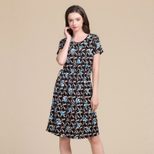Womens Floral Print Short Sleeve Knitted Silk Dress Loose Fit Adjustable Drawstring Long Length