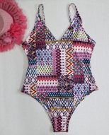 Geometric Pattern Purple Deep V One Piece Swimsuit Sexy Design Beachwear Comfortable Fit Wholesa
