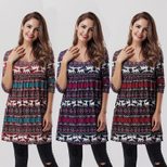 Christmas Reindeer Print Dress 3 4 Sleeve A Line Silhouette Comfortable Fabric Casual Holiday We