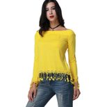 Womens Plus Size Long Sleeve Off Shoulder T Shirt Trendy Fringed Design Spring Summer Casual Wea