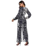 Chiffon Printed Long Sleeve Wide Leg Jumpsuit Deep V Neck Tie Waist Elegant Design Perfect for S