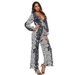 Chiffon Printed Long Sleeve Wide Leg Jumpsuit Deep V Neck Tie Waist Elegant Design Perfect for S