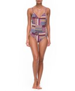 Geometric Pattern Purple Deep V One Piece Swimsuit Sexy Design Beachwear Comfortable Fit Wholesa