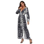 Chiffon Printed Long Sleeve Wide Leg Jumpsuit Deep V Neck Tie Waist Elegant Design Perfect for S