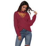 Knit Sweater Sexy Cross Front Design Long Sleeve High Neck Irregular Hem Autumn Winter Fashion W