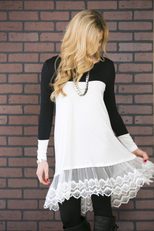 Fashion Long Sleeve Color Block Lace Panel Midi Dress Elegant Design Round Neck Two Color Option