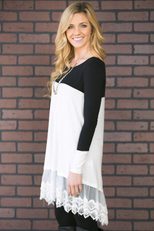 Fashion Long Sleeve Color Block Lace Panel Midi Dress Elegant Design Round Neck Two Color Option
