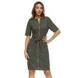 Short Sleeve Zipper Dress Waist Tie Slim Fit Double Pockets Spring Summer Fashion Wholesale Avai
