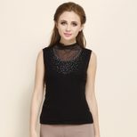 Womens Silk Sleeveless Turtleneck Top 100 Mulberry Silk Lace Trim Rhinestone Detail Elegant Laye