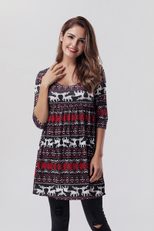 Christmas Reindeer Print Dress 3 4 Sleeve A Line Silhouette Comfortable Fabric Casual Holiday We