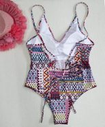 Geometric Pattern Purple Deep V One Piece Swimsuit Sexy Design Beachwear Comfortable Fit Wholesa