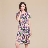 Womens Floral Print Short Sleeve Knitted Silk Dress Loose Fit Adjustable Drawstring Long Length