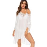 Beach Cover Up Dress Solid Color Deep V Neck Split Hem Three Quarter Sleeve Irregular Hem Summer