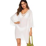 Beach Cover Up Dress Solid Color Deep V Neck Split Hem Three Quarter Sleeve Irregular Hem Summer
