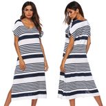 V Neck Striped Maxi Dress Loose Fit Side Slit Beachwear Perfect for Summer Outings Wholesale Ava