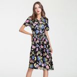 Plus Size Silk Dress High Waist V Neck Short Sleeve Floral Print Summer Elegance Wholesale Avail