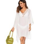 Beach Cover Up Dress Solid Color Deep V Neck Split Hem Three Quarter Sleeve Irregular Hem Summer