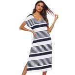V Neck Striped Maxi Dress Loose Fit Side Slit Beachwear Perfect for Summer Outings Wholesale Ava