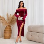 Elegant Midi Dress Sexy Celebrity Style Wine Red Color Autumn Winter Collection Wholesale Availa
