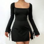 Red A Line Dress High Waist Square Neck Split Hem Versatile Autumn Winter Style Wholesale Availa