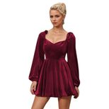 Womens Burgundy High Waisted Dress French Style Autumn Winter Velvet Fabric Party Gathering Whol