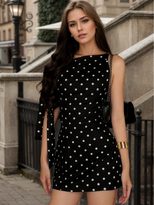 Vintage Polka Dot Sleeveless A Line Dress Slim Fit Asymmetrical Tie Off Shoulder Summer Casual W