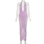 Summer Womens Dress Sexy Halter V Neck Mesh Panel High Waist Long Skirt Perfect for Parties and