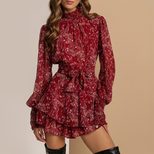 Floral Print Pleated Dress Waist Tie Ruffle Hem Elegant Style Spring Summer Fashion for Women Wh
