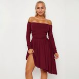 Wine Red Bodycon Midi Dress Slim Fit High Waist Long Sleeve Autumn Winter Fashion Wholesale Avai