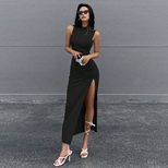 Sleeveless Round Neck Midi Dress Bodycon Fit Side Slit Summer Style Perfect for Casual Outings W